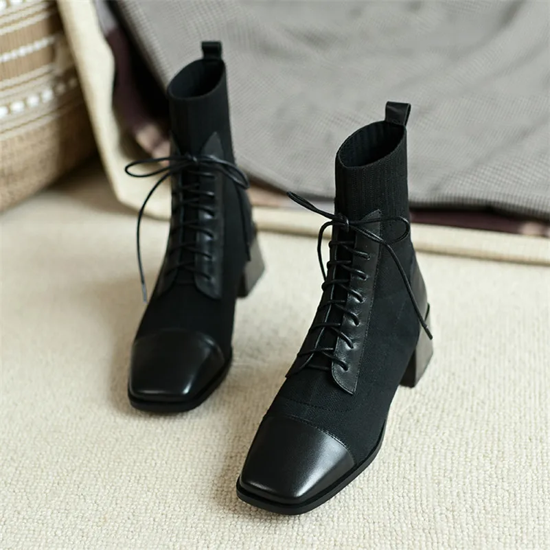 

Meotina Real Leather High Heel Short Boots Women Shoes Square Toe Lace Up Block Heels Stretch Ankle Boots Female Autumn Winter