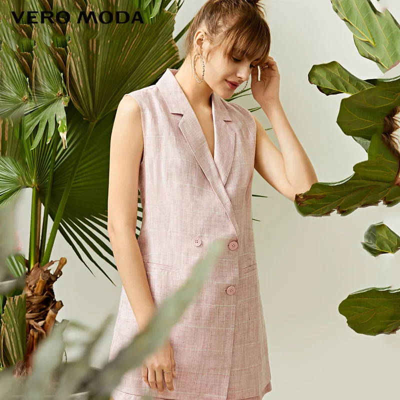 Vero Moda женский двубортный костюм средней длины с воротником льняной жилет без