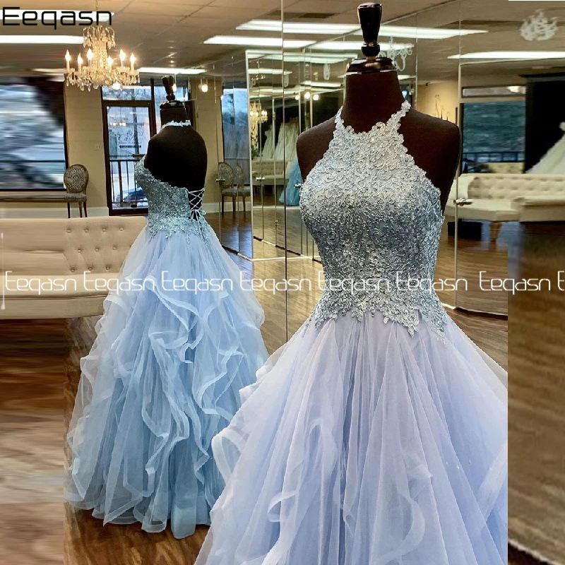 

Eeqasn 2020 Sky Blue Ball Gown Quinceanera Dresses Lace Backless Ruffles Tulle Formal Prom Dress Custom Sweet 16 Dress
