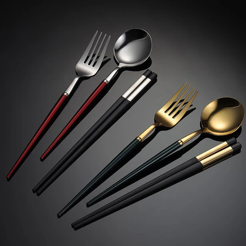 

Stainless Steel Hollow Handle Portable Tableware Colorful Plated Mute Travel Fork Spoon Chopstick Box Set Daily Activity Gifts