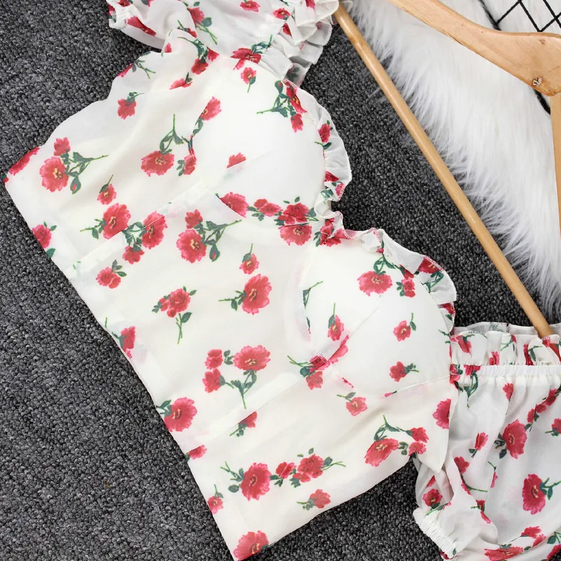 Женские блузки с квадратным вырезом коротким рукавом-фонариком и цветочным