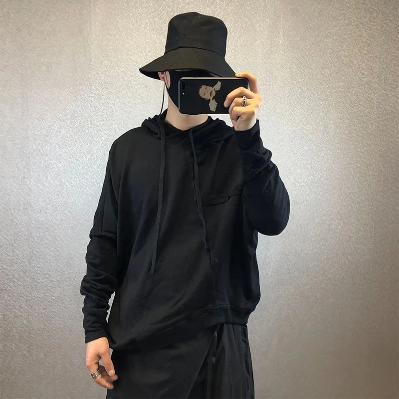 

Men's Hooded Sweater Dark Youth Loose Korean Asymmetric Slanted Hem Hooded Personalized Splicing Top In Autumn And Winter