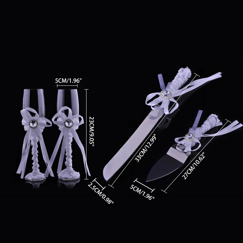 

Elegant Wedding Cake Knife Serving Set Ribbon Bow Handle Diamond Decorated Champagne Flutes Cake Cutter Shovel Parties Gift 4pcs