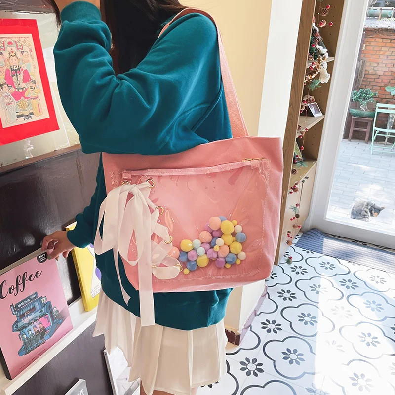 

Ladies Cute Ita Bag Female PVC Transparent Pocket Shoulder Bags Handbag Sweet Drawstring Bow Harajuku Schoolbag Kawaii Tote
