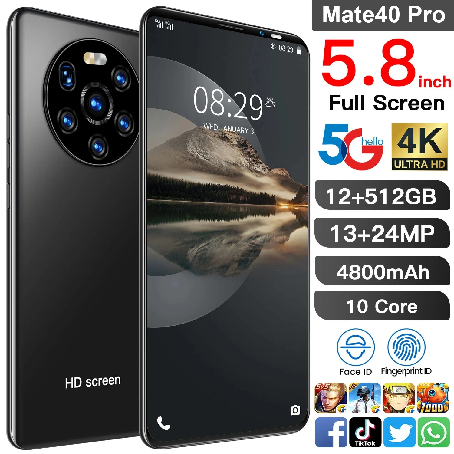 

Snapdragon888 Mobile Phone 5G Mate40 Pro Smartphone Undefined 32MP 6.1 Inch Android11 4G LTE 12G 512G Deca Core Global Version