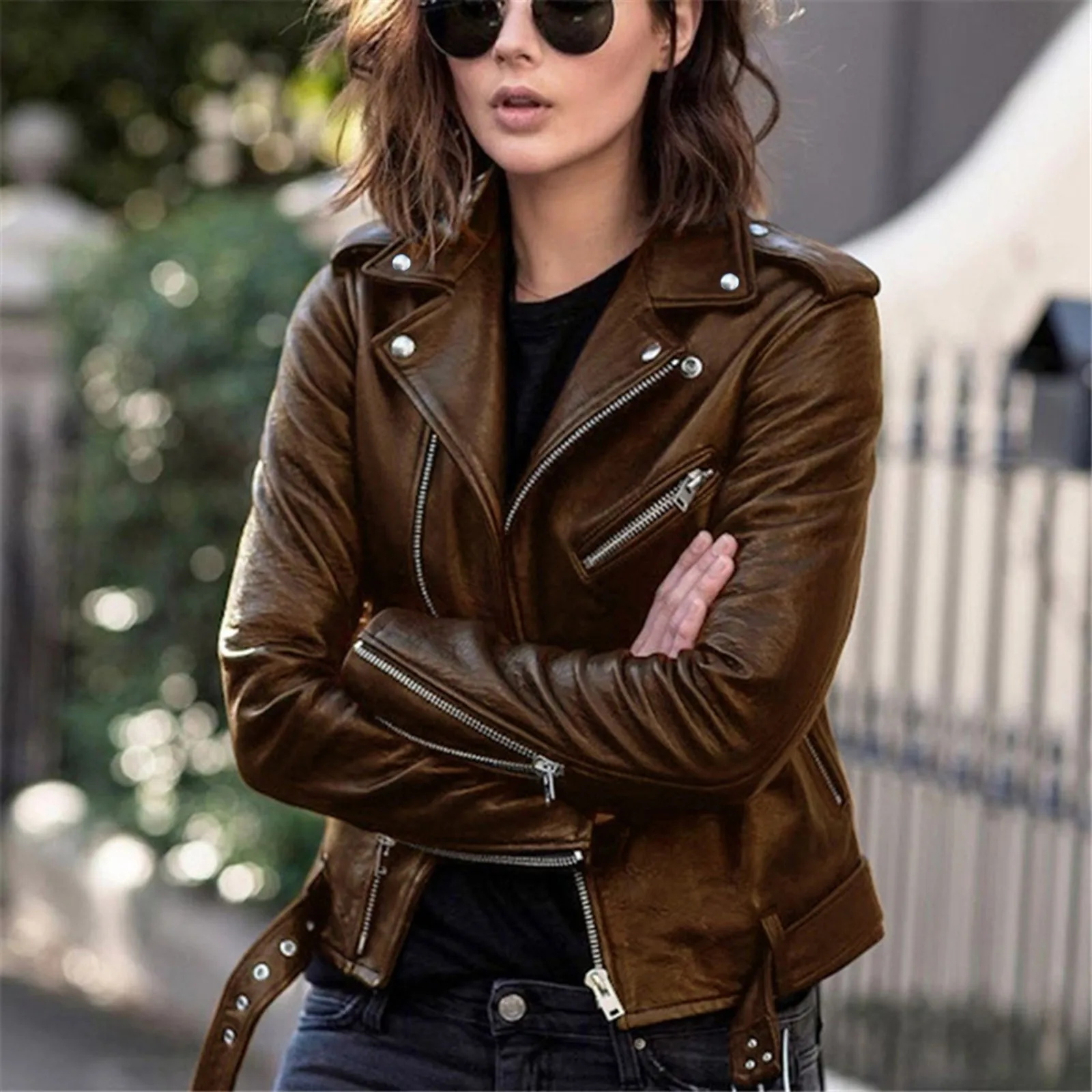 

Punk Women Cool Faux Leather Jacket Long Sleeve Zipper Fitted Coat Fall Short Jacket Solid Lapel Female Moto Biker Jackets 2021