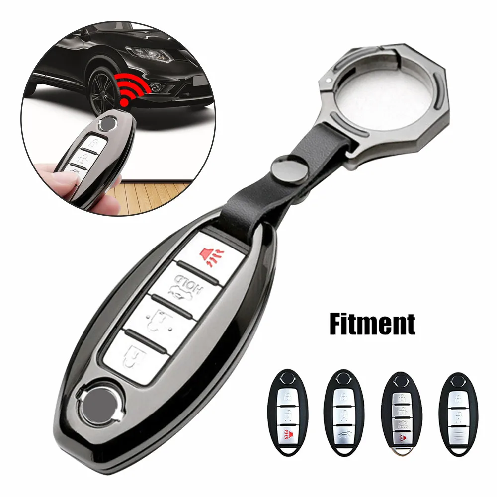 

Zinc Alloy 1pc Metal Black Stripe Remote Key Fob Cover Oval Case Holder For Nissan Infiniti
