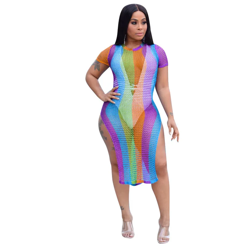 

Женское летнее пляжное платье с коротким рукавом, облегающее Сетчатое платье в радужную полоску, сарафан в богемном стиле, праздничное плат...