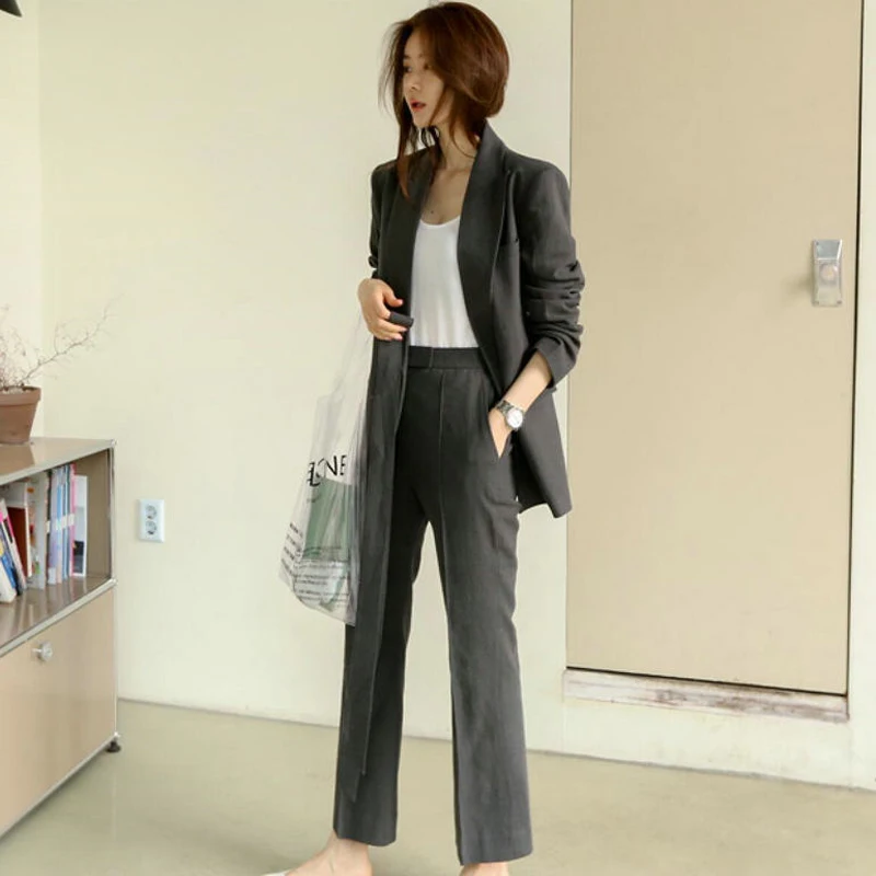 

Mozuleva Office Ladies Blazer Suit Dark Gray Slim Women Pant Suit Korean Jacket & High Waist Pant Casual Female 2 Pieces Set2019