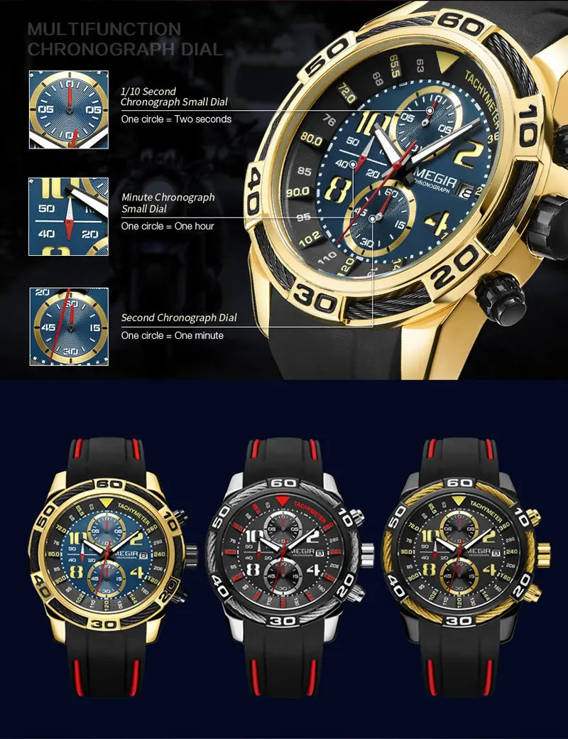 Часы MEGIR Мужские кварцевые с хронографом люксовые Брендовые спортивные