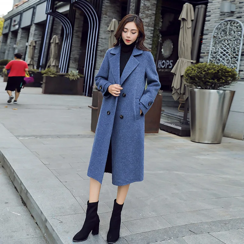 

Autumn and winter woolen coat in the long section 2019 Korean version of the tide fog indigo ladies thickening woolen coat