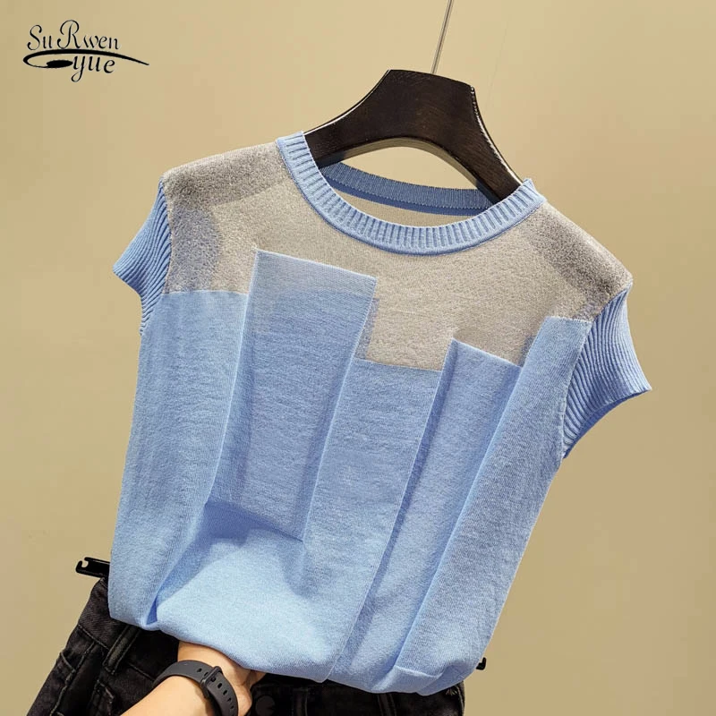 aliexpress.com - Korean Patchwork Ice Silk Knitted Tops Blusas Mujer De Moda Women O-neck Short Sleeve Pullover Fashion Thin Blouse Blusas 8796