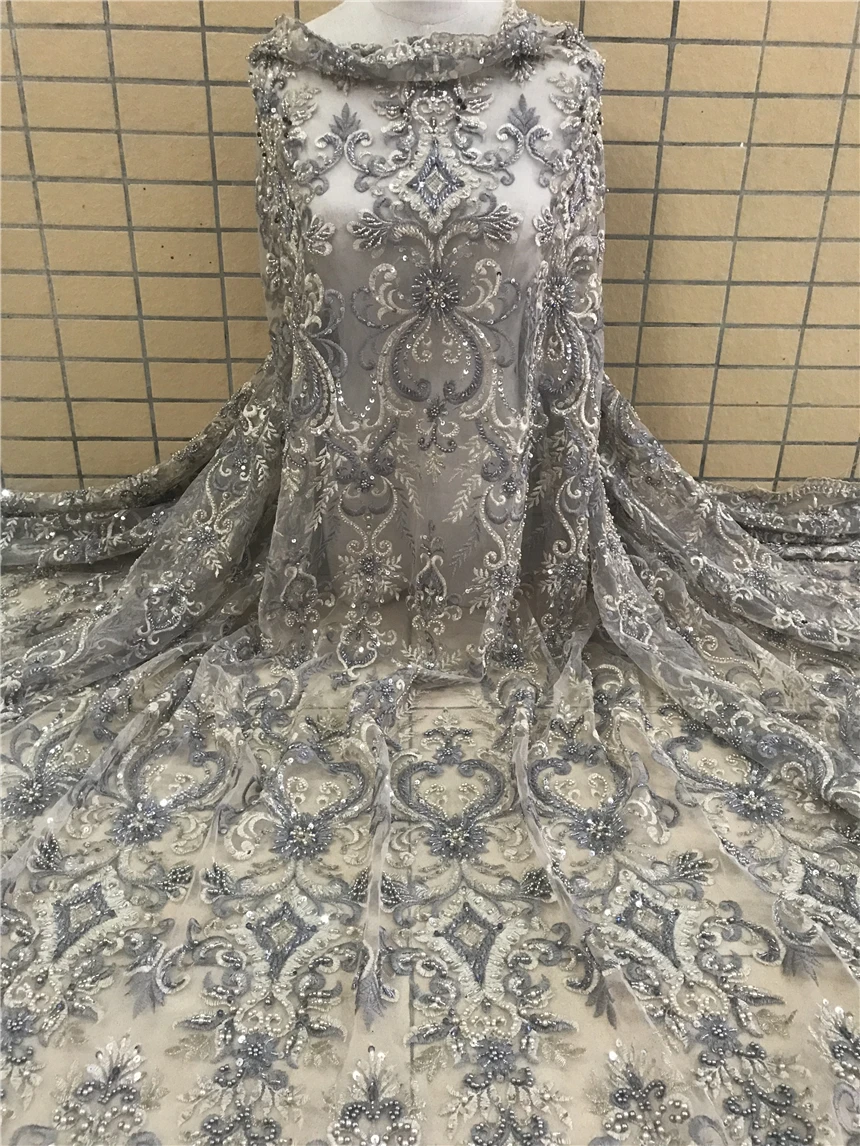 

embroidery nigerian net lace french SYJ-218889 tulle fabric embroidery with beads 5 yards/pcs french mesh laces fabric