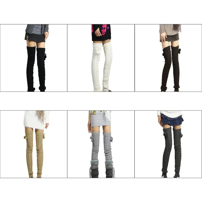 Women Girls Winter Braided Cable Knit Thigh High Long Leg Warmers Solid Color Crochet Thermal Boots Cuff Socks with Pompom Ball