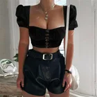 Женская футболка с квадратным вырезом, короткий топ с пышными рукавами и складками, однотонная, уличная одежда, Y2k, укороченные женские топы