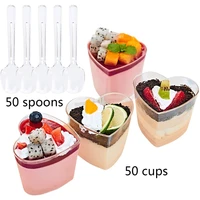 50 piece plastic heart shaped dessert cup with spoon mousse pudding appetizer cup disposable parfait bowl kitchen supplies