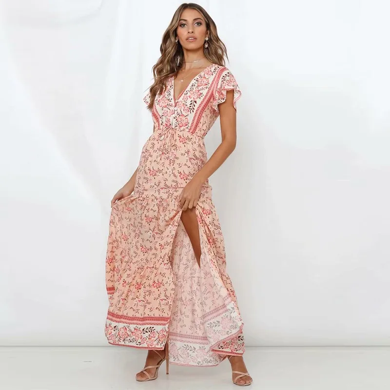 

Dresses for Women 21 Spring/Summer New V-neck Short Sleeve Rayon Printed Midi Skirt Waist Dress Cross-Border Long dress