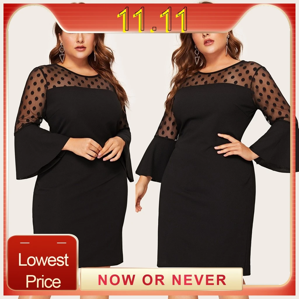 Элегантное платье размера плюс в горошек Сетчатое лоскутное для женщин 2019