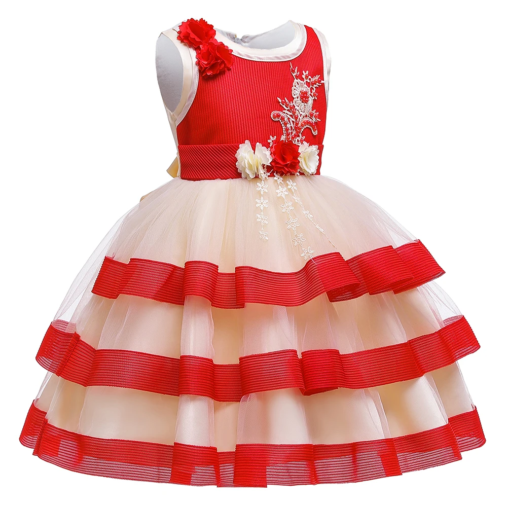 

Girls Cake Layers Ball Gown Dress for Birthday Applique Flowers Mesh Dresses for Wedding New Girls Gown Dress for New Year