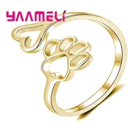 adjustable dog footprint love heart open hollow rings for women 925 sterling silver rose gold color anillos mujer