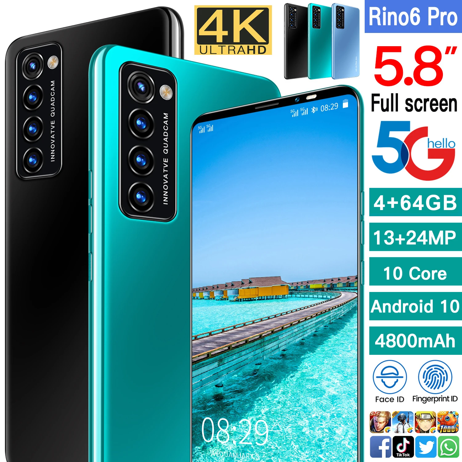 

Global 5.8 Inch Rino6 Pro 64/128GB ROM 5G Network 4800mAh Andriod10 Dual SIM Cell Phone MTK6889 10 Core 13+24MP New Smart Phone