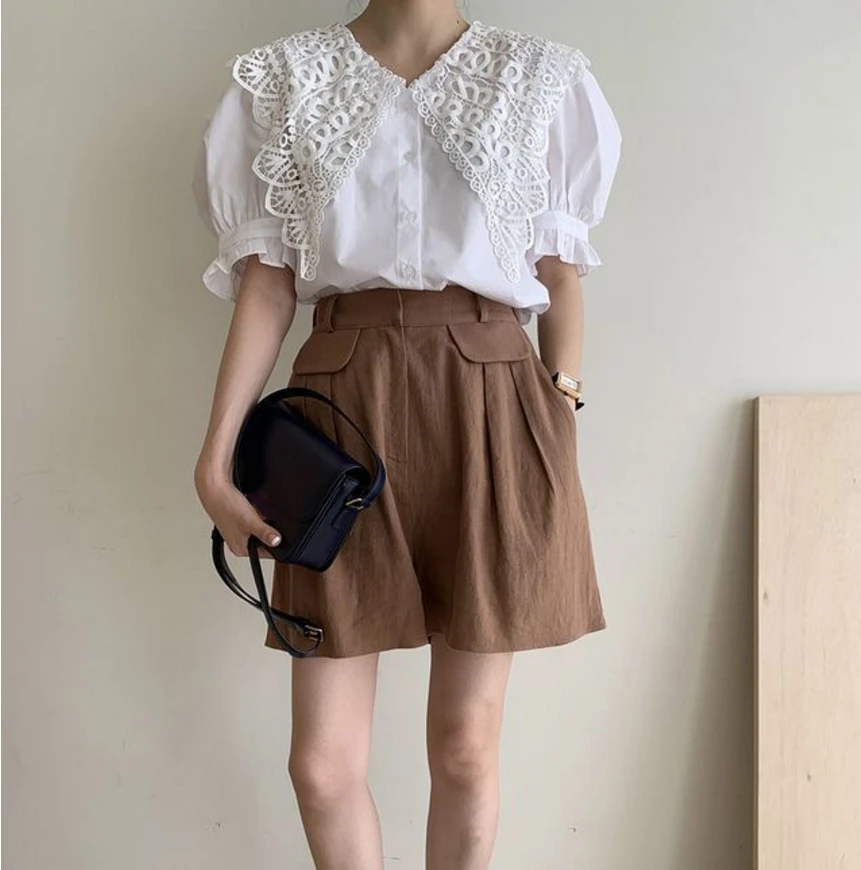 

Hot Sale Elegant Vintage Lace Lapel White Blouses Women Summer Korean Puff Sleeve Turn-down Collar Tops Shirt Femme Blusas