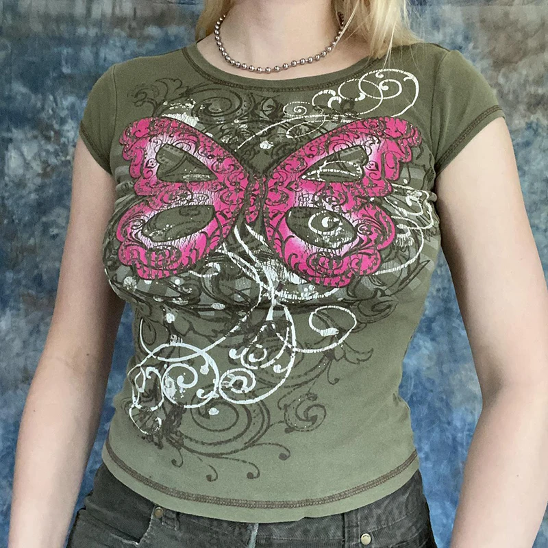 

Fairycore Grunge Vintage T-shirt y2k Aesthetic Short Sleeve Sweats Pullovers Tee Women Harajuku Butterfly Graphic Print Crop Top