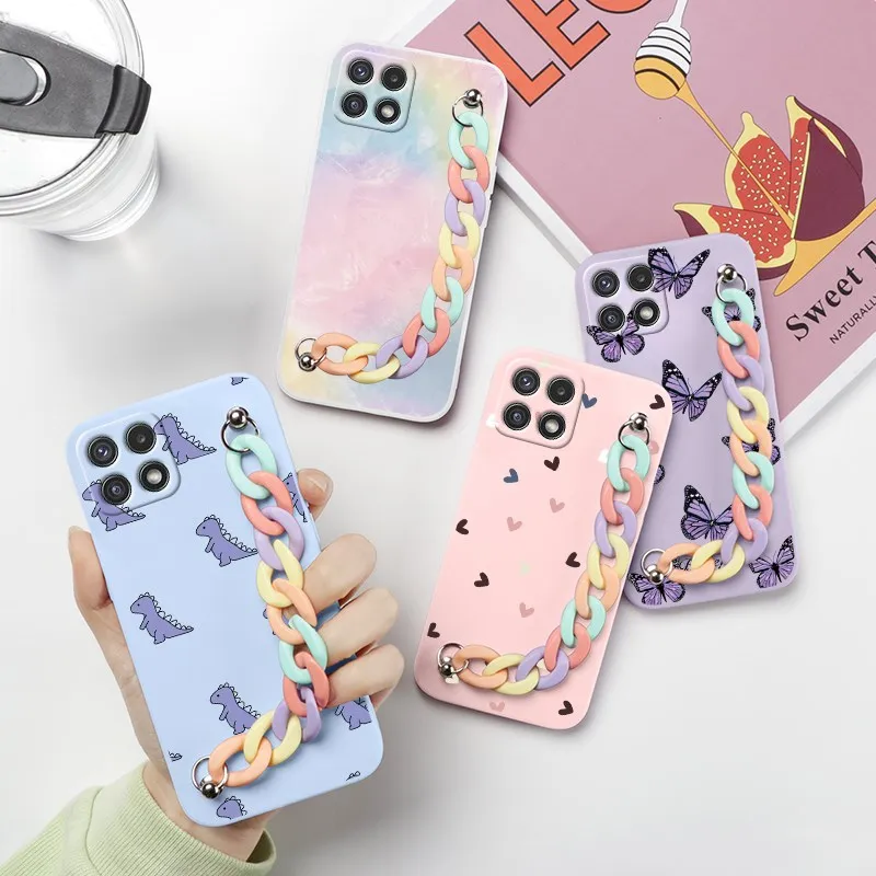 

For Samsung A22 Case Phone Back Cover For Samsung Galaxy A22 4G 5G GalaxyA22 A 22 Bumper Soft Silicone Wrist Chain Fundas Flower