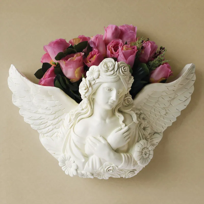 

European Resin Angel Wall Vase Wall Hanging Decoration Crafts Home Livingroom Fake Flower Pot Ornaments Wall Mural Pendant Art