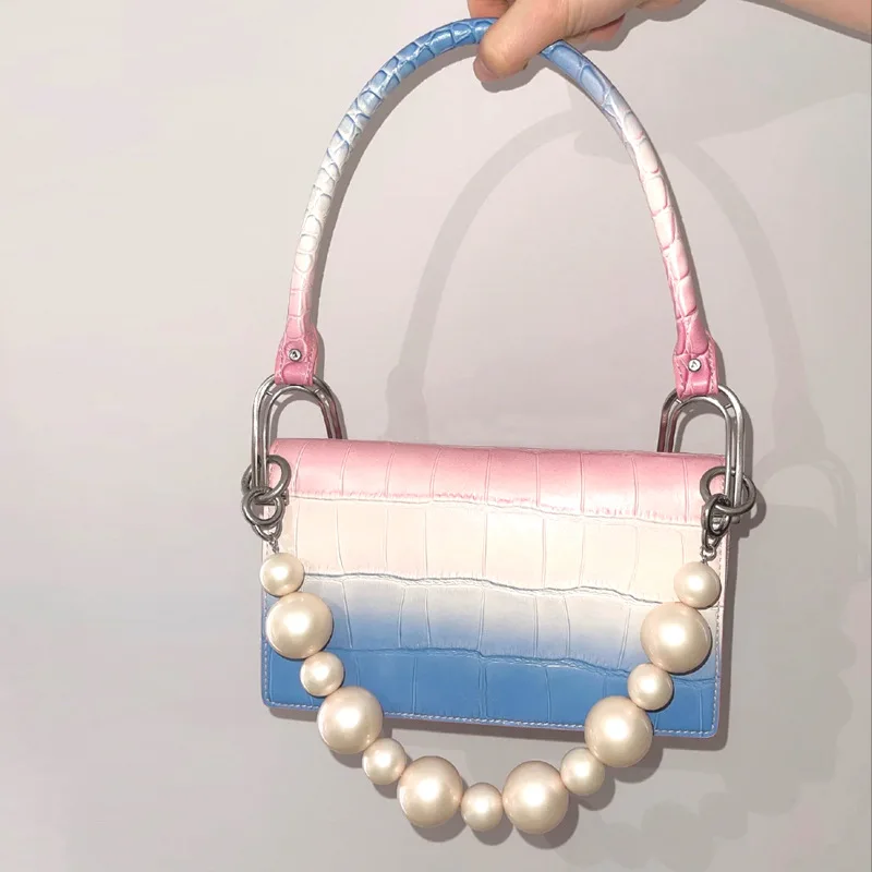 

2021 Fashion Luxury Brand Alligator Baguette Handbag Designer Style Pearl Gradient Color Women Shoulder Bag