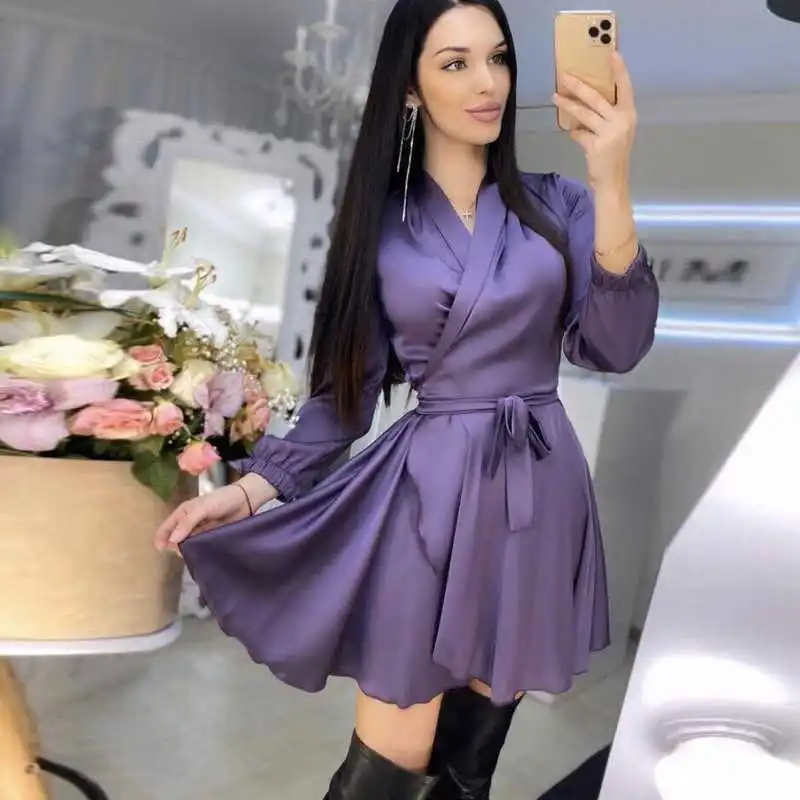 

Women Satin Fashion A Line Mini Dress V Neck Front Cross Long Sleeve Sashes High Waist Casual Pleated Dress 2021 New Women Dress