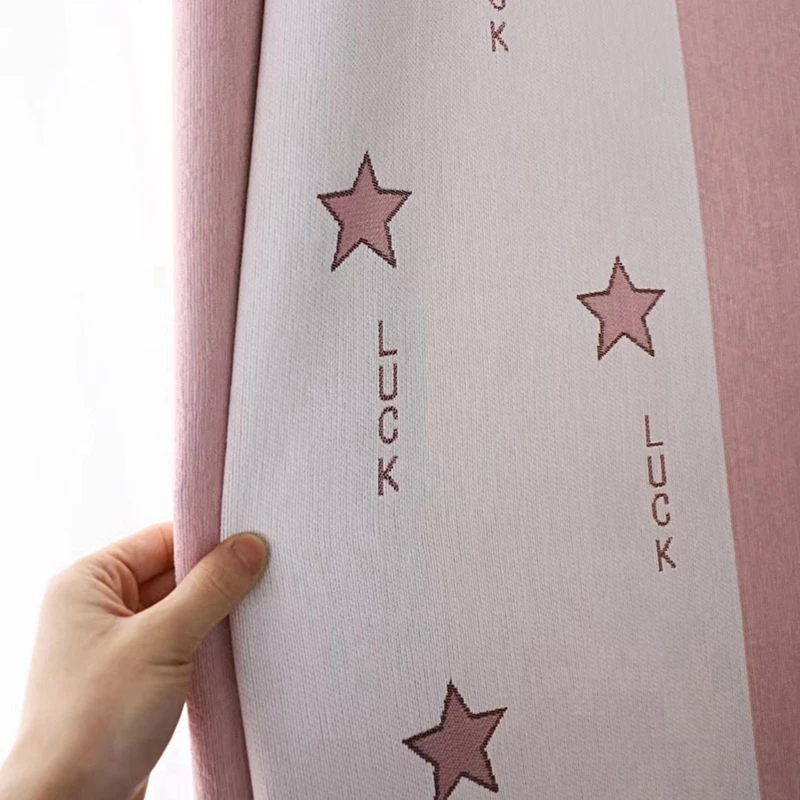 

Cartoon Pink and White Seamless Stitching Stars and Stripe Blackout Curtain for Kids Girl's Bedroom Blue Jacquard Window Drapes