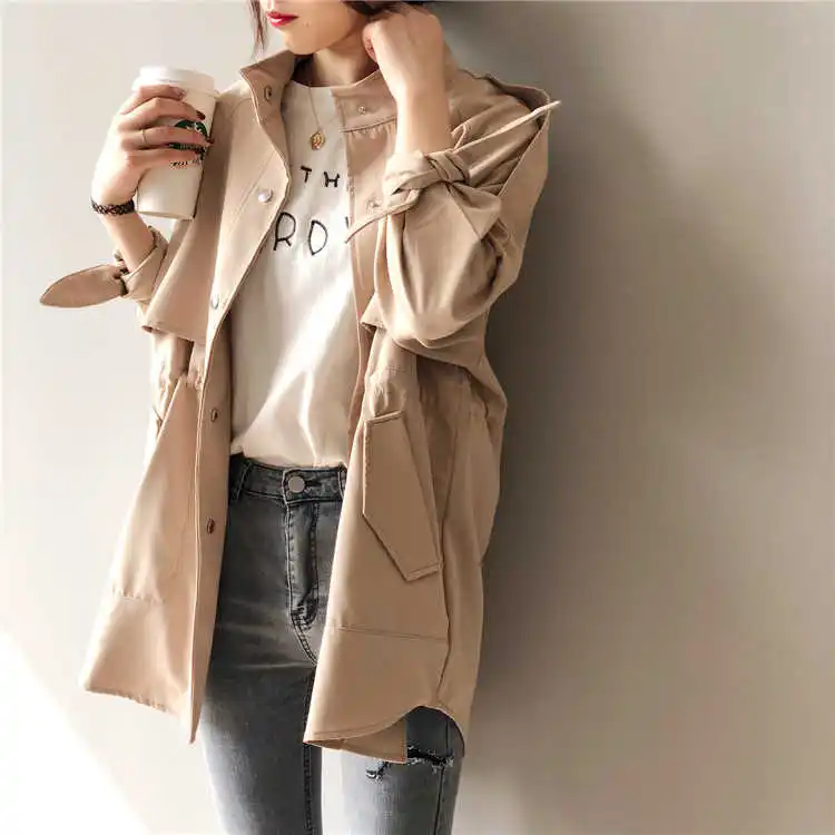

New Women's windbreaker spring jacket Cargo Windbreaker Drawstring Vintage Pockets Outerwear Oversize Trench Tops Autumn Winter