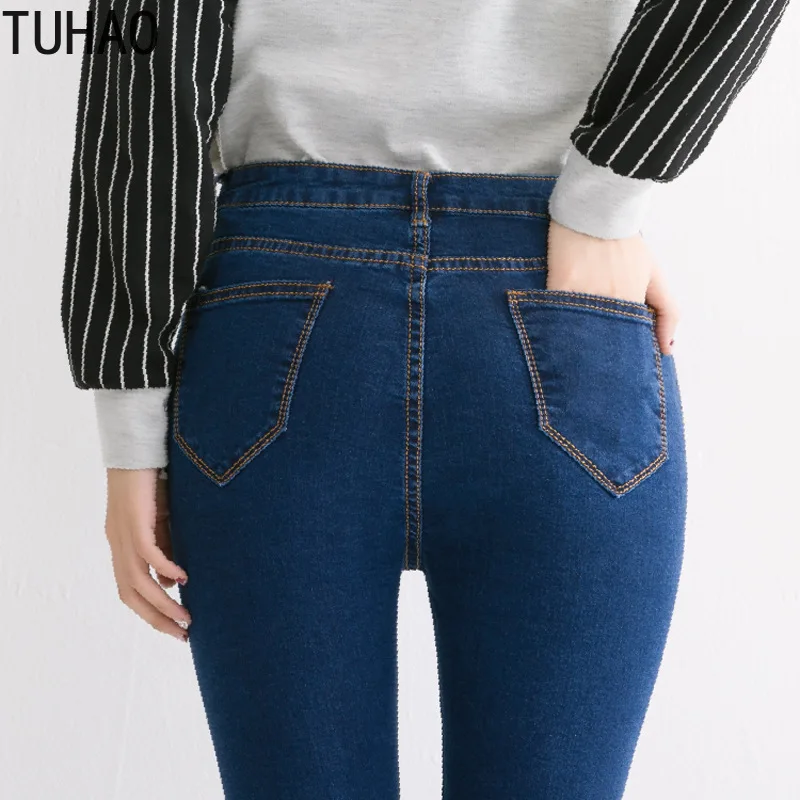 

Office Lady Skinny Jeans Women Denim Pants England Buttons Pockets Vintage High Waist Jeans Pants Plus Size 8XL 7XL Long Trouser
