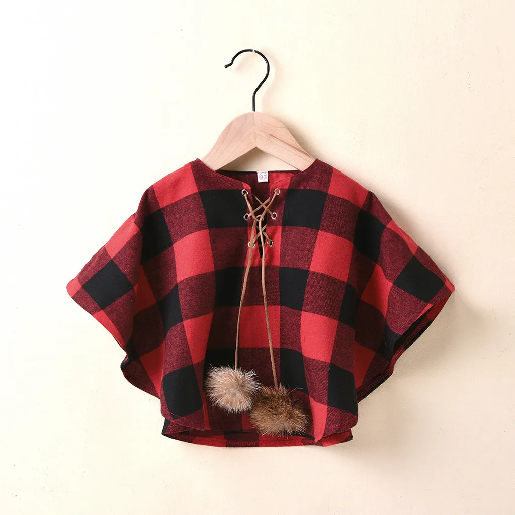 Toddler Coat Jacket Kids Baby Girls Plaid Pompon Winter Warm Outwear Cape Cloak Christmas Party Fashion Costume Overcoat | Детская