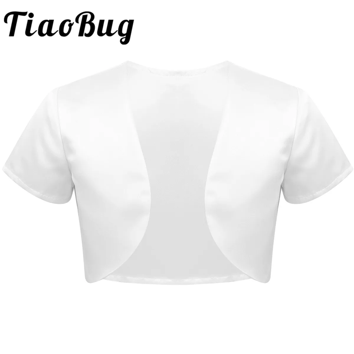 Детское однотонное сатиновое болеро с круглым вырезом и открытым передом для