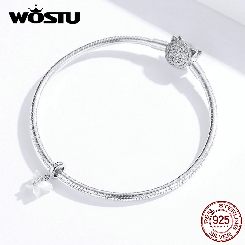 WOSTU реальные 925 пробы серебро белый Бабочка мотаться Подвески подходят к оригинальному браслету, бусины-подвески для свадьбы Модные украшения CQC1414