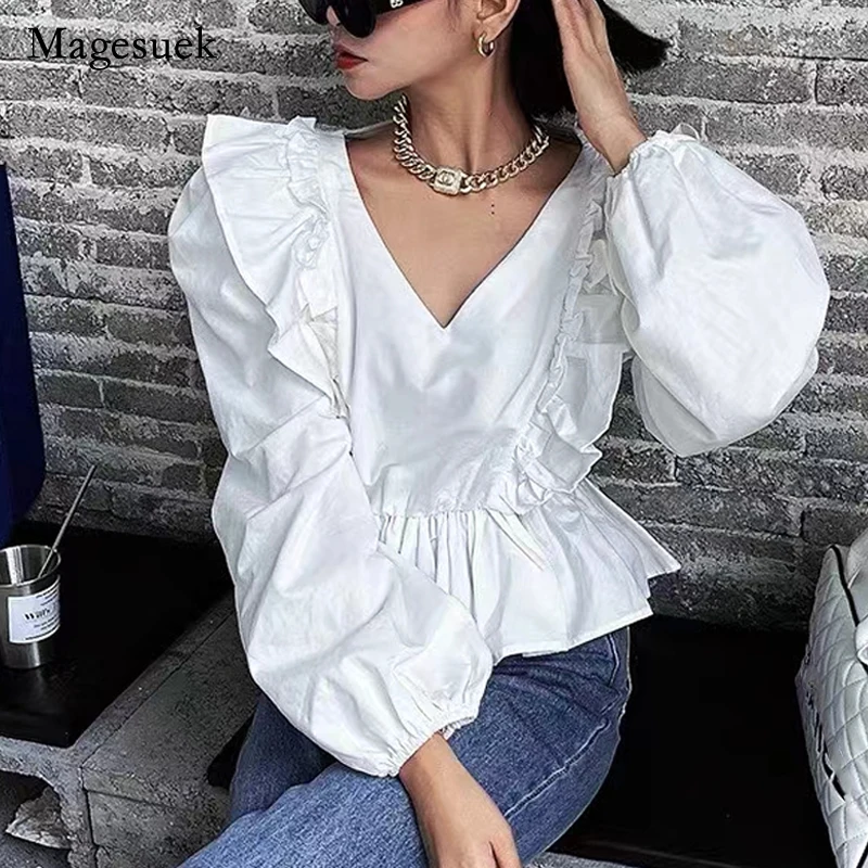 

2021 Autumn New Solid V-neck Shirt Chic Elegant Fashion Long-sleeved Shirt with Ruffle Sweet Puff Sleeve Tops Blouse Blusa 16971