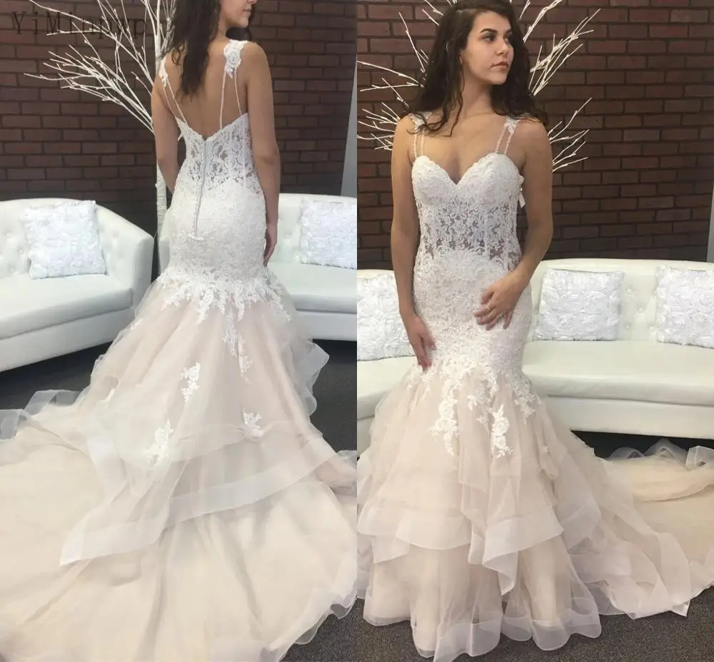 

YiMinpwp Champagne Mermaid Wedding Dresses Spaghetti Backless Sweep Train Appliques Illusion Bodice Appliques Bridal Gowns