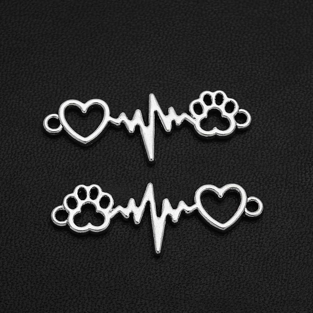 25 шт./лот 34x13 мм Античное посеребренное сердце сердцебиение собачья лапа