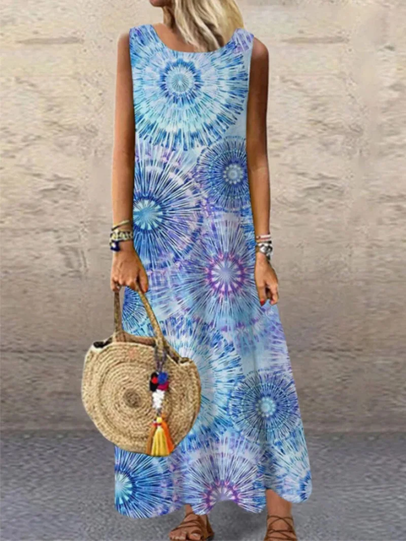 

Women's Dress Summer 2021 New European American Women's Fashion Floral Pattern Printed O Neck Sleeveless Vacation Long Dress