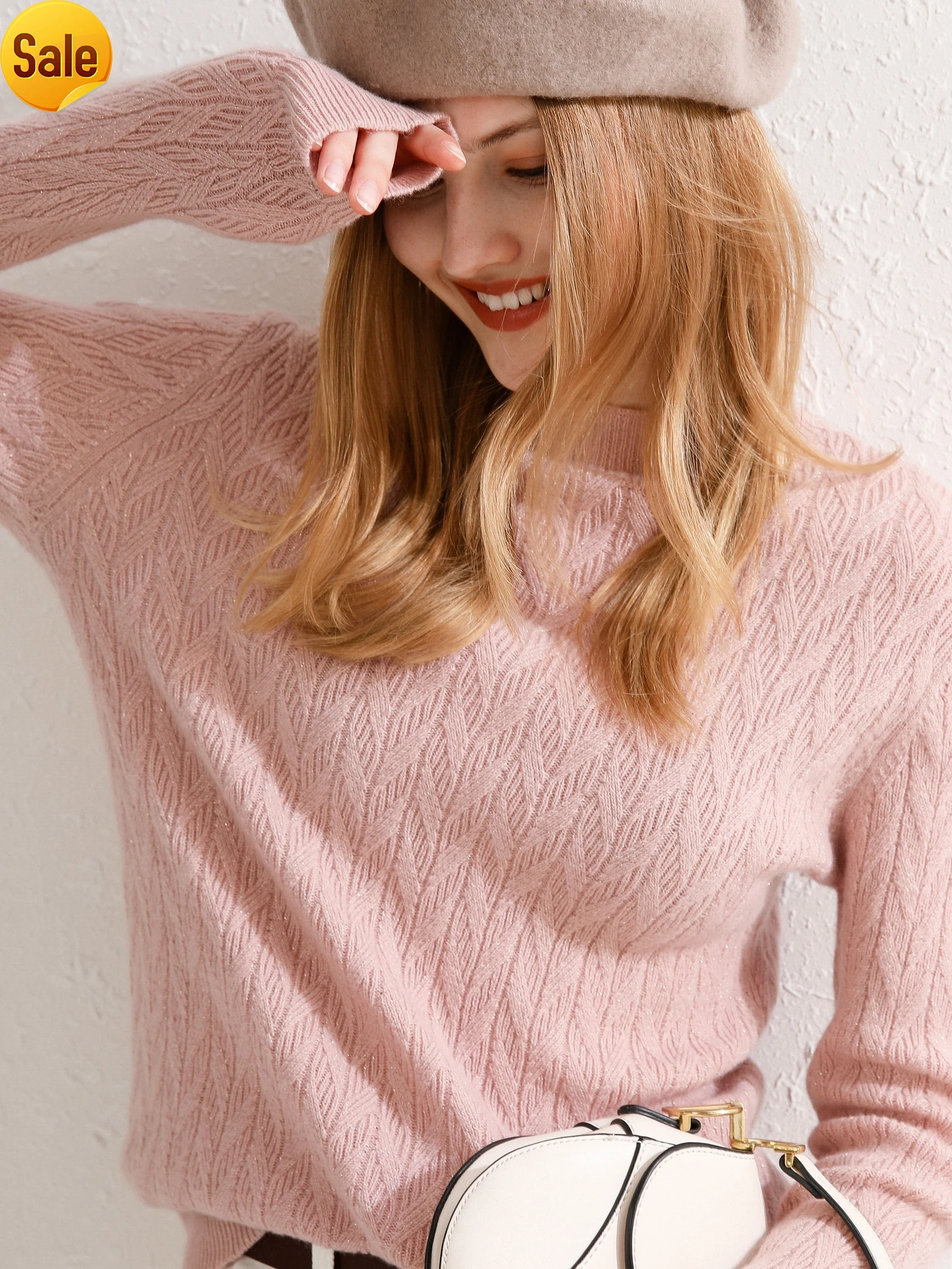 

Autumn and winter 100% pure wool sweater women's half high neck Pullover Sweater with gold wire large bottomed sweater