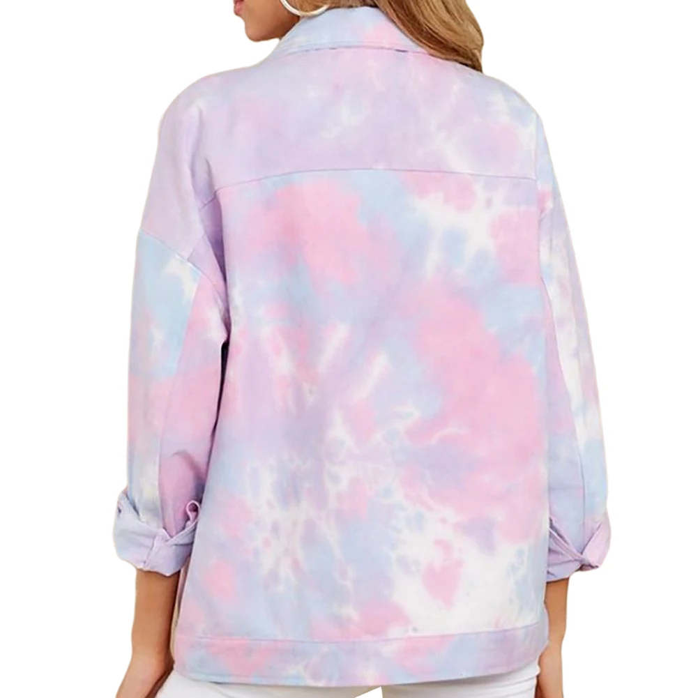 

Women's Fall Jacket Loose Long Sleeve Lapel Neck Chest Pocket Metal Buttons Dye Printed Top