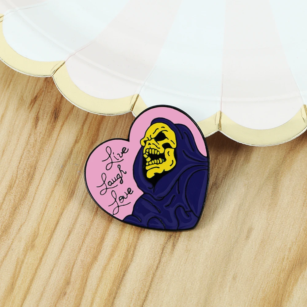Purple Skeleton Enamel Pins Live Laugh Love Skull Heart Shape Brooch Denim Shirts Lapel Badge Halloween Gothic Dark Jewelry | Украшения и