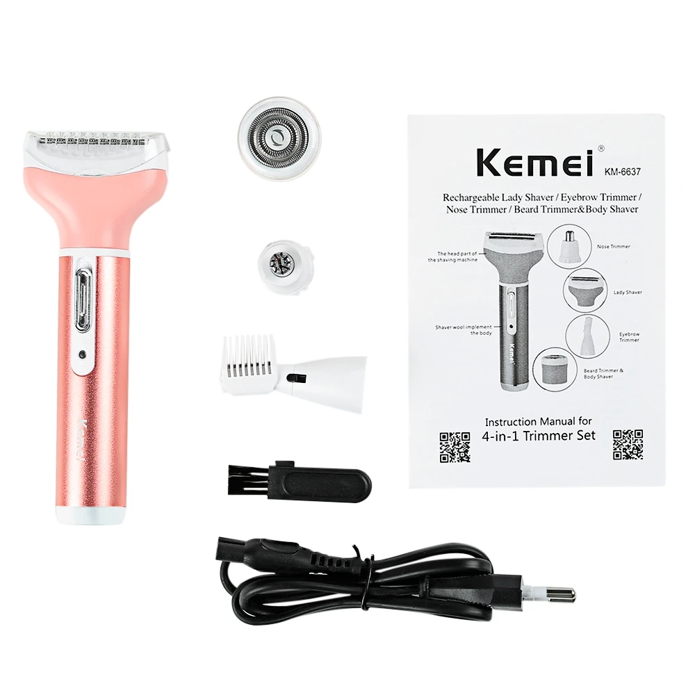 

Kemei-6637 4 in 1 Rechargeable Trimmer Set Women Body Shaver Beard Eyebrow Nose Lady Electric Shavers