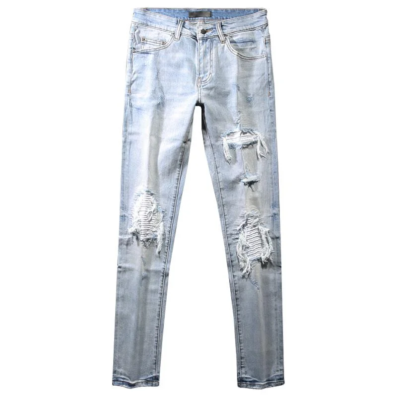 2021 весенние Легкие мужские джинсы модные рваные с дырками облегающие