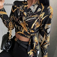 2021 womens shirt casual autumn spring fashion elegant scarf chain print tie front wrap top femme v neck blouse baroque chic