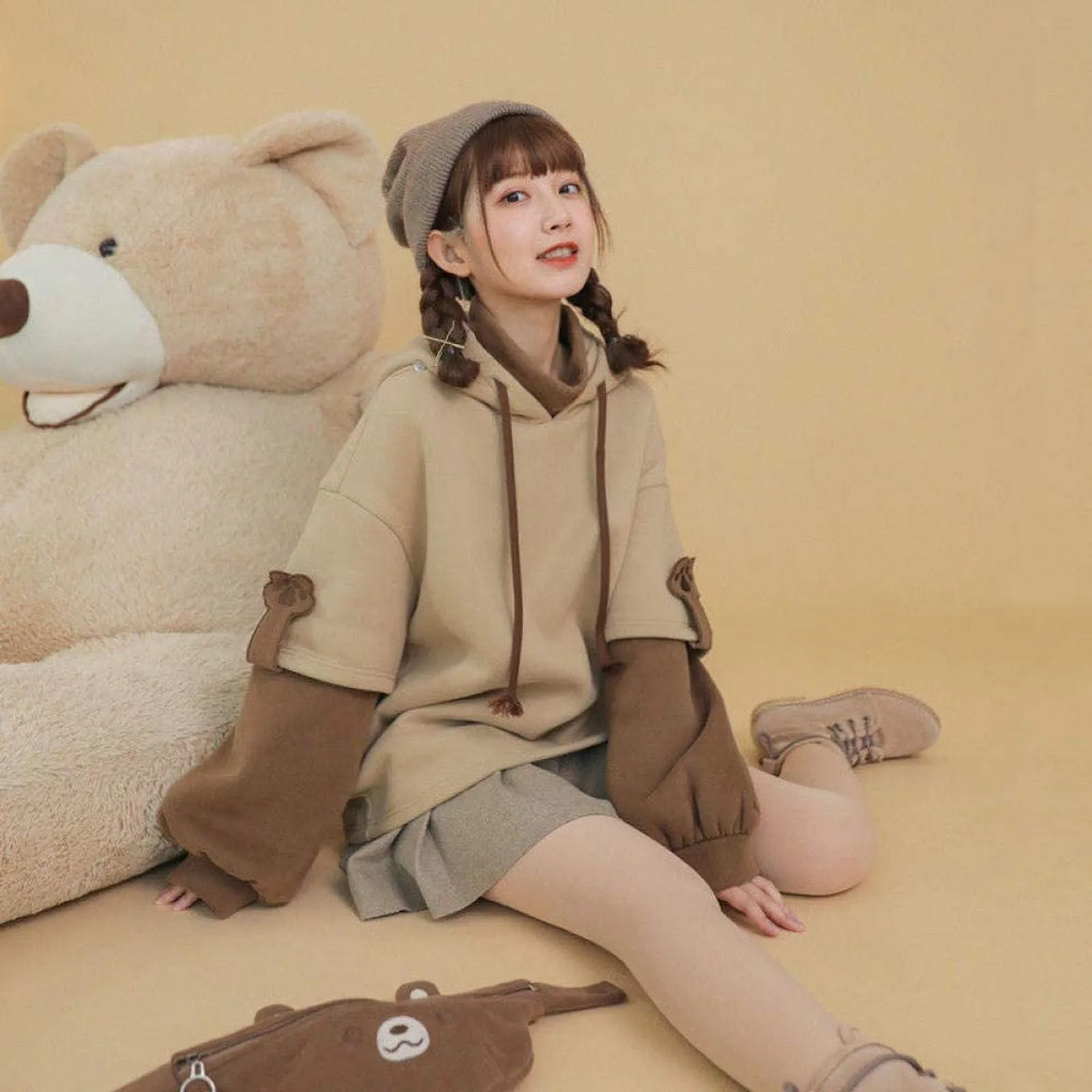women sweetshirts Brown Bear Hoodie Cute Autumn Winter Long Sseeve Sweatshirt Personality Bag Oversized Pullover толстовки
