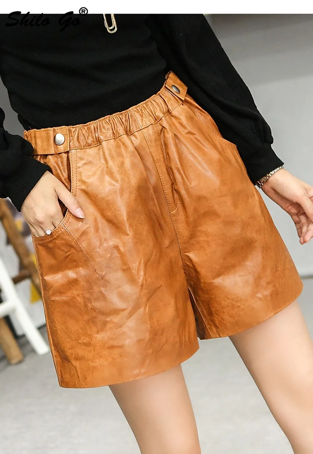 

Streetwear Minimalist Solid Wide Leg Hot Shorts Womens Winter High Waist Black Genuine Leather Shorts Casual Sheepskin Shorts