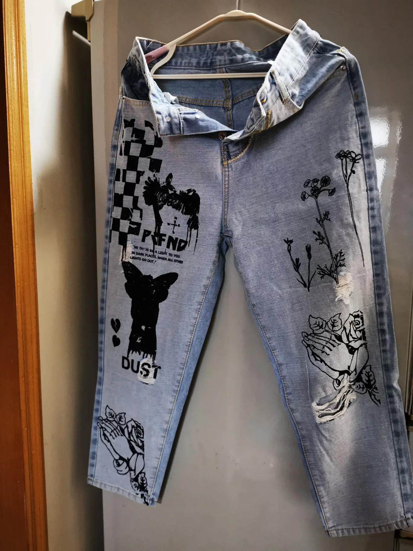 Женские обтягивающие джинсы MUMUZI синие Стрейчевые брюки с рисунком кота на осень